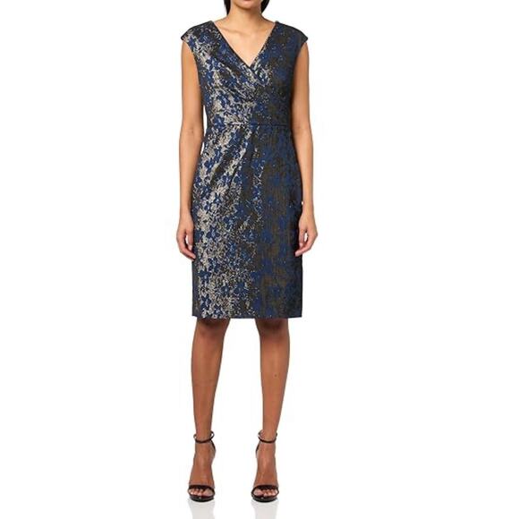 ADRIANNA PAPELL Floral Metallic Jacquard Sleeveless Wrap Bodice Sheath Dress - Picture 1 of 15